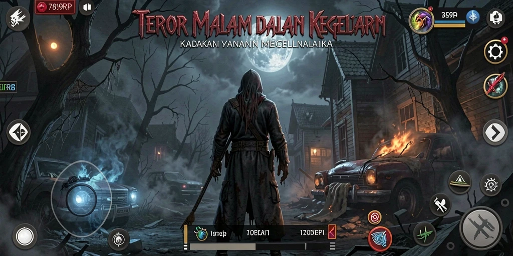 Screenshot gameplay menampilkan suasana kegelapan dan ketegangan yang mendalam.