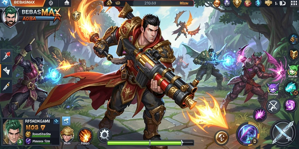 Tampilan gameplay menarik di BEBASMAX saat bertarung di arena MOBA.