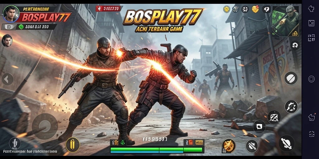 Screenshot gameplay BOSPLAY77 menampilkan pertarungan aksi yang seru.