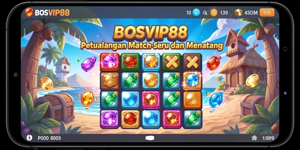 Menampilkan gameplay seru BOSVIP88 dengan kombinasi elemen Match-3.