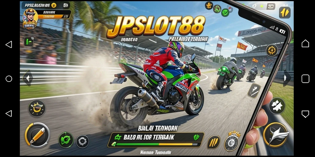Screenshot gameplay JPSLOT88 menampilkan balapan motor yang seru dan mendebarkan.