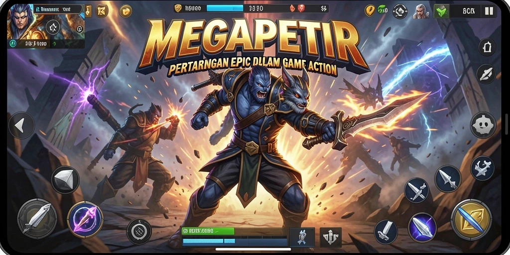 Tangkapan layar gameplay MEGAPETIR dengan aksi pertarungan yang mendebarkan.