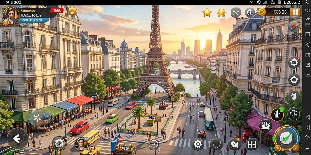 Tampilan gameplay PARIS88 yang menggambarkan aktivitas sehari-hari di kota Paris.