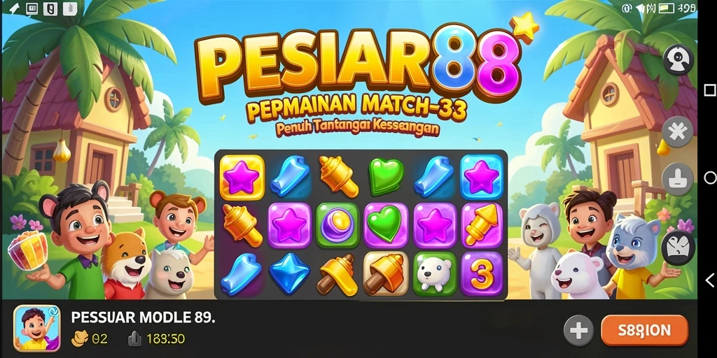 Screenshot PESIAR88 menunjukkan gameplay Match-3 yang seru dan berwarna.