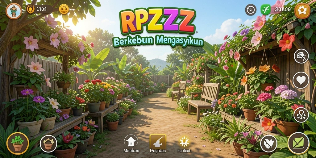 Screenshot gameplay RPZZZ menampilkan petani merawat kebun dengan tanaman yang subur.