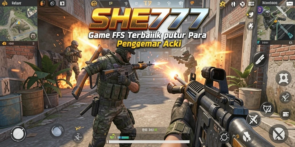 Screenshot utama SHE777 menampilkan pertempuran seru dalam gameplay FPS.