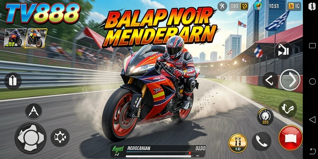 Screenshot utama TV888 menampilkan aksi balap motor yang intens.
